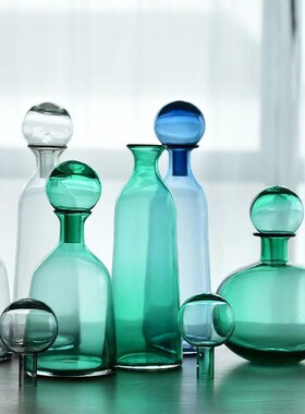 新中式几何创意玻璃花瓶灰色圆球带盖小口软装样板间摆件饰品花瓶