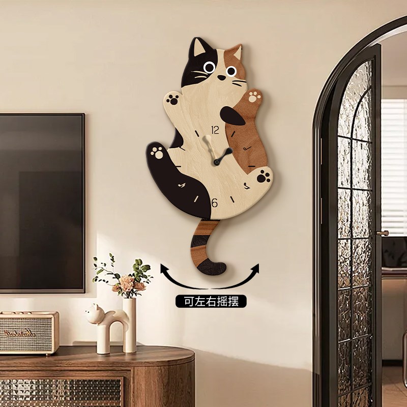 中古风猫咪客厅挂钟2024年新款简约餐厅钟表家用创意时钟挂墙挂表