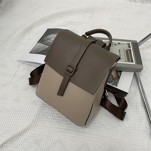 韩系水桶皮质包包盖式上班族通勤双肩包女时尚小型背包撞色拼接包