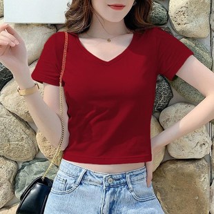 百搭t恤配底衫 2025春夏新款 高腰上衣短袖 短款 V领纯棉修身