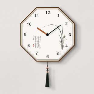 新中式客厅挂钟中国风挂表创意八角形时钟挂墙兰花免打孔家用钟表