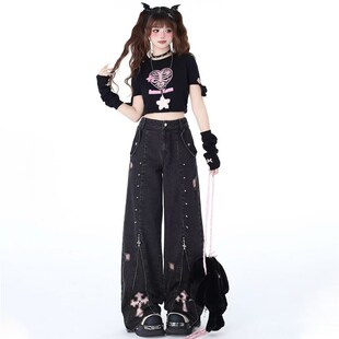 亚文化上衣少女风短款短袖黑色复古高腰直筒牛仔裤女辣妹套装春秋