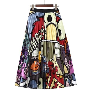 半身裙春秋女士中长款 大摆裙百搭松紧腰显瘦百搭风琴褶印花百褶裙