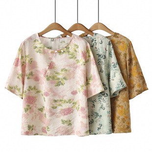 短袖 胖mm200斤国风印花宽松休闲半袖 女薄款 新款 上衣 2024夏季 大码