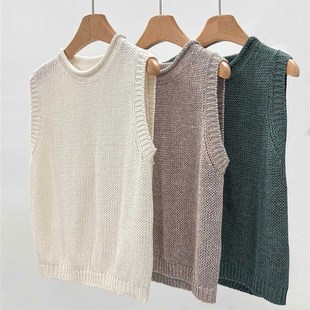 干燥透气薄夏季 100%亚麻 无袖 针织背心女式 夏天 短款 感觉