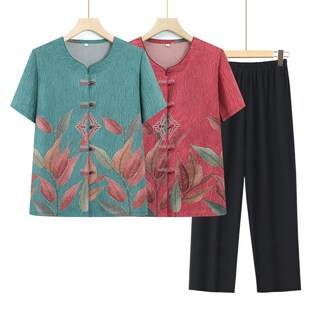 妈妈夏季 套装 T恤老人衣服老太太两件套薄 女奶奶短袖 中老年人夏装