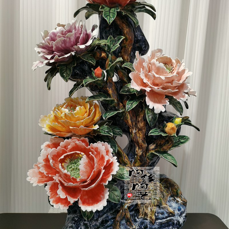 陶瓷工艺品 石湾公仔 花开富贵 牡丹花摆件