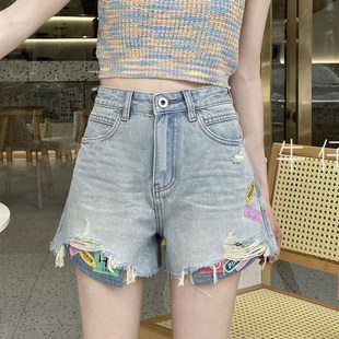 高腰宽松显瘦A字小个子设计感贴布热裤 薄款 潮 女夏季 破洞牛仔短裤