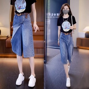 高腰显瘦裙裤 新款 薄款 直筒六分中裤 子 五分牛仔短裤 阔腿热裤 女夏季