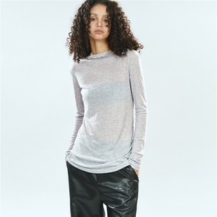 斜领打底 春新品 女针织微透显瘦收腰小花边上衣