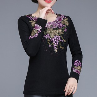40岁50中老年人洋气绣花T恤衫 新款 女长袖 加厚绒打底衫 妈妈秋冬装