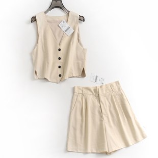 女套装 麻混纺显瘦短款 高腰阔腿短裤 坎肩女背心 D597 单排扣V领无袖