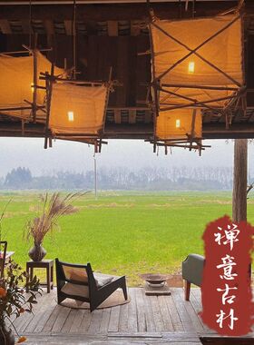 原木布艺吊灯棉麻纱餐厅民宿茶舍小酒馆古朴麻绳侘寂四方形灯具饰