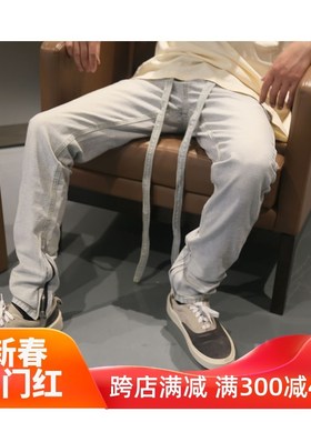 FOG高品质6TH浅蓝色抽绳飘带修身小直筒做旧反水洗侧拉链牛仔裤潮
