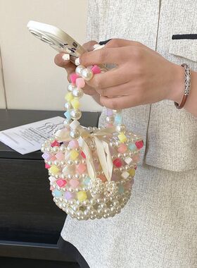 法式珍珠手提包单肩包送女友串珠斜挎包成品夏季气质淑女手机小包