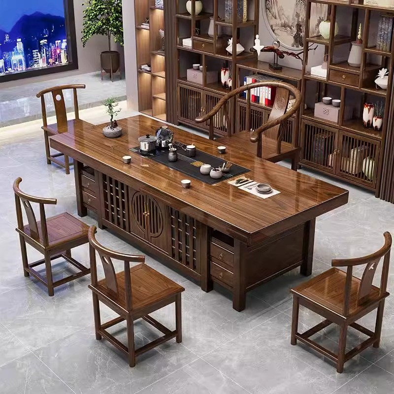 新中式实木大板原木茶桌椅组合一桌五椅茶几办公室家用泡茶台禅意