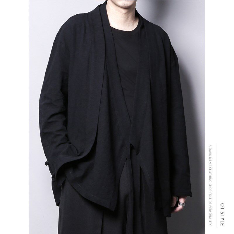 春季复古棉麻假两件设计感新中式斜襟亚麻外套道袍薄款披风外套男