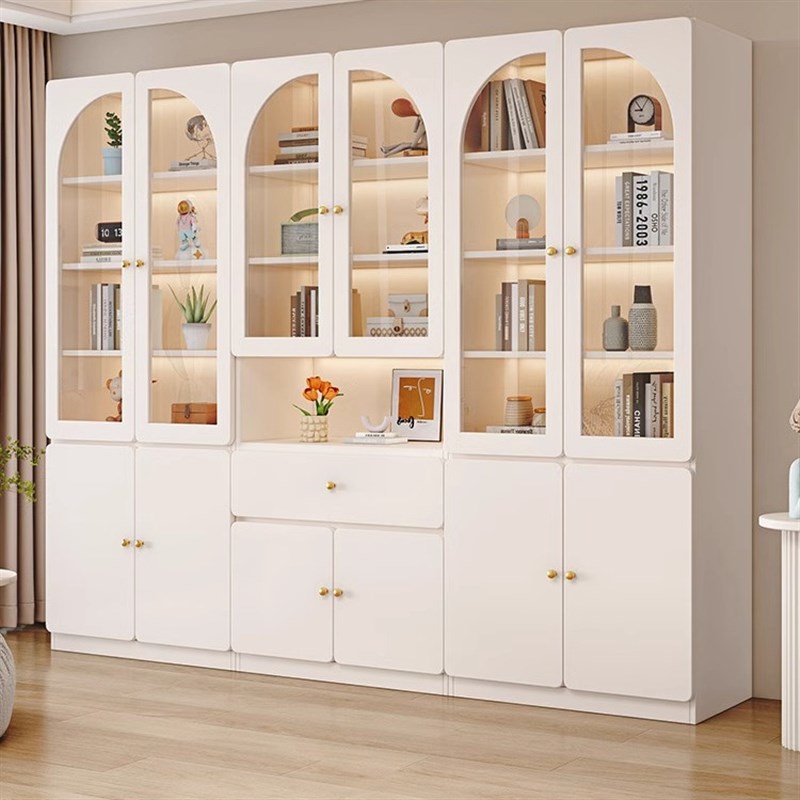 书柜现代简约带玻璃门家用书架置物架落地靠墙展示柜收纳储物柜子