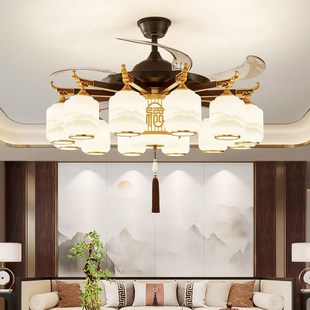 新中式 吊灯 客厅实木风扇灯别墅卧室餐厅吊扇灯家用大气2024年新款