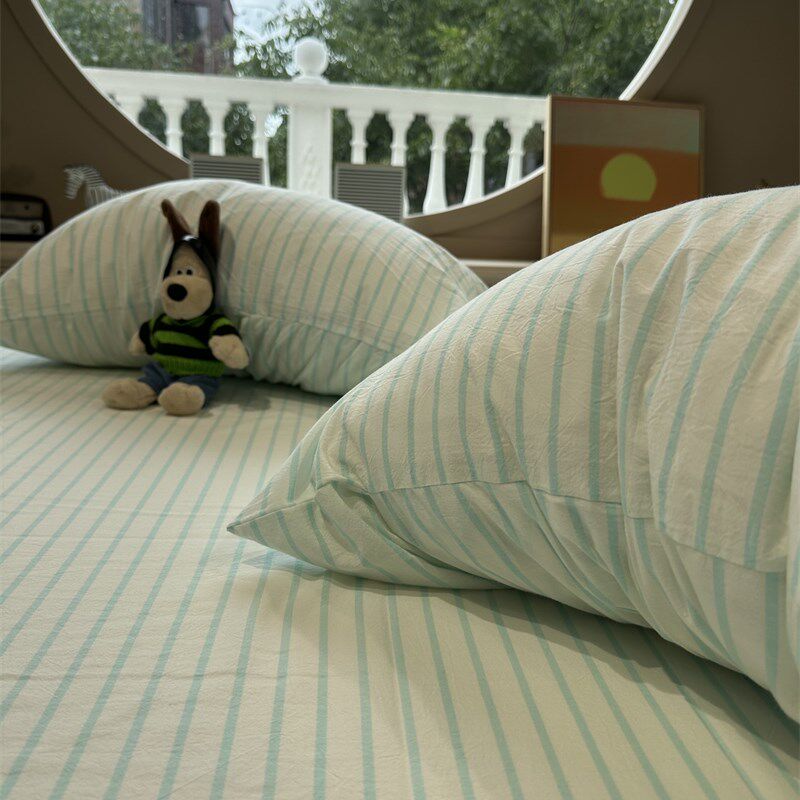 韩系奶油蓝条纹床笠床单单件保护套1.35m1.8米纯棉宿舍床罩少女心