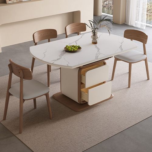 中古风岩板餐桌椅组合家用可变圆桌伸缩现代简约2025新款实木饭桌