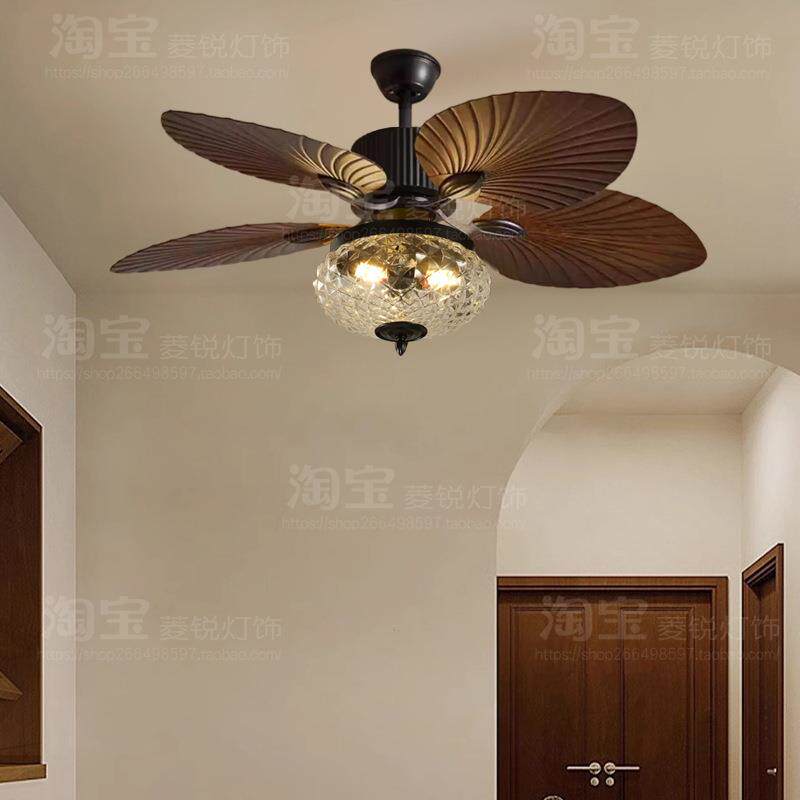 跨境美式电风扇灯餐厅客厅复古吊扇灯卧室遥控芭蕉叶工业风扇吊灯