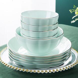 碗碟套装家用金边饭碗面汤碗菜盘影青轻奢陶瓷碗餐具轻奢风