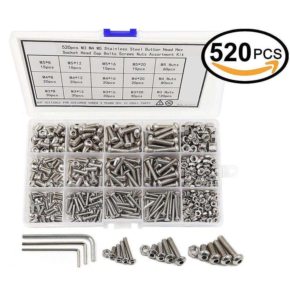 520pcs/盒M3 M4 M5不锈钢内六角平头盘头半圆头螺丝螺母配套组合