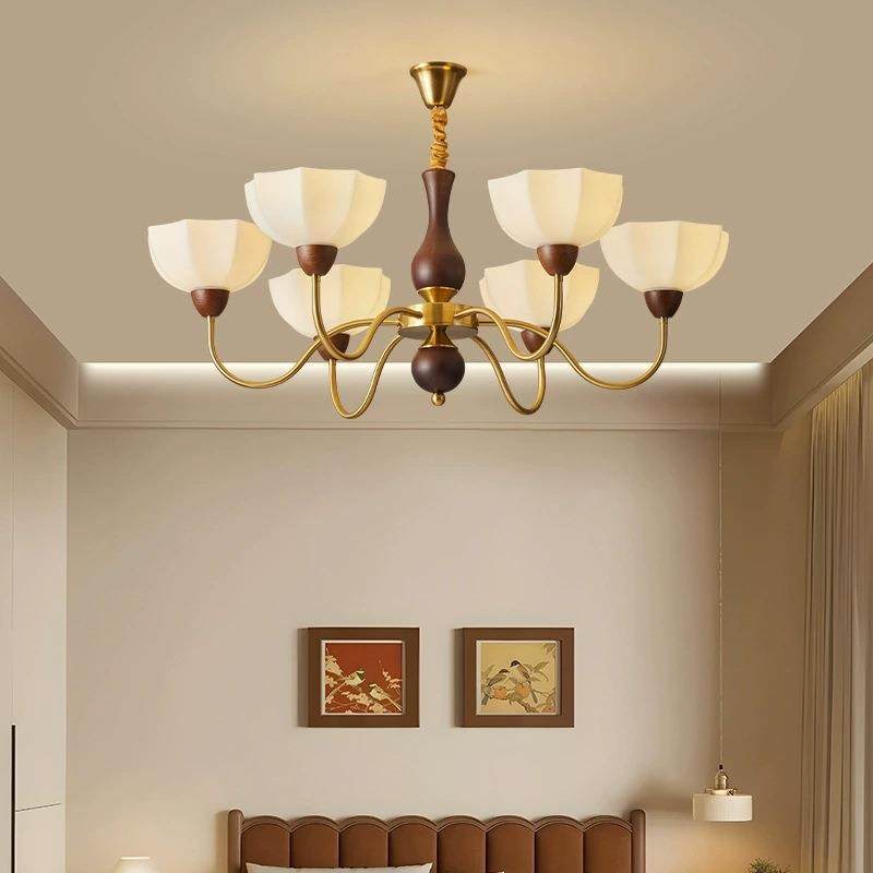 法式中古风客厅吊灯美式复古胡桃木色卧室护眼灯南洋风餐厅吊灯