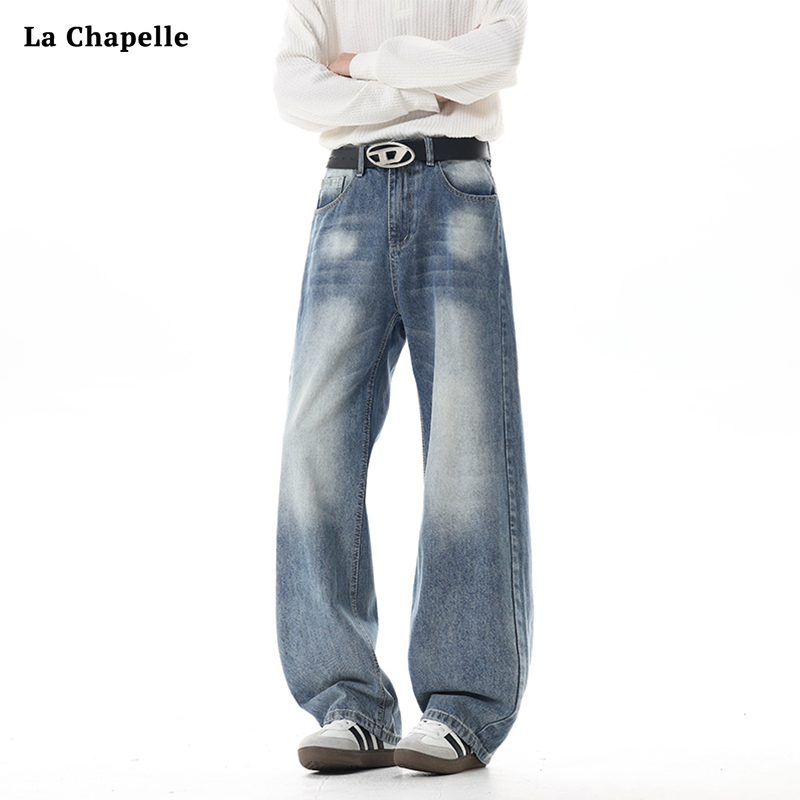 美式复古水洗蓝色阔腿牛仔裤男女