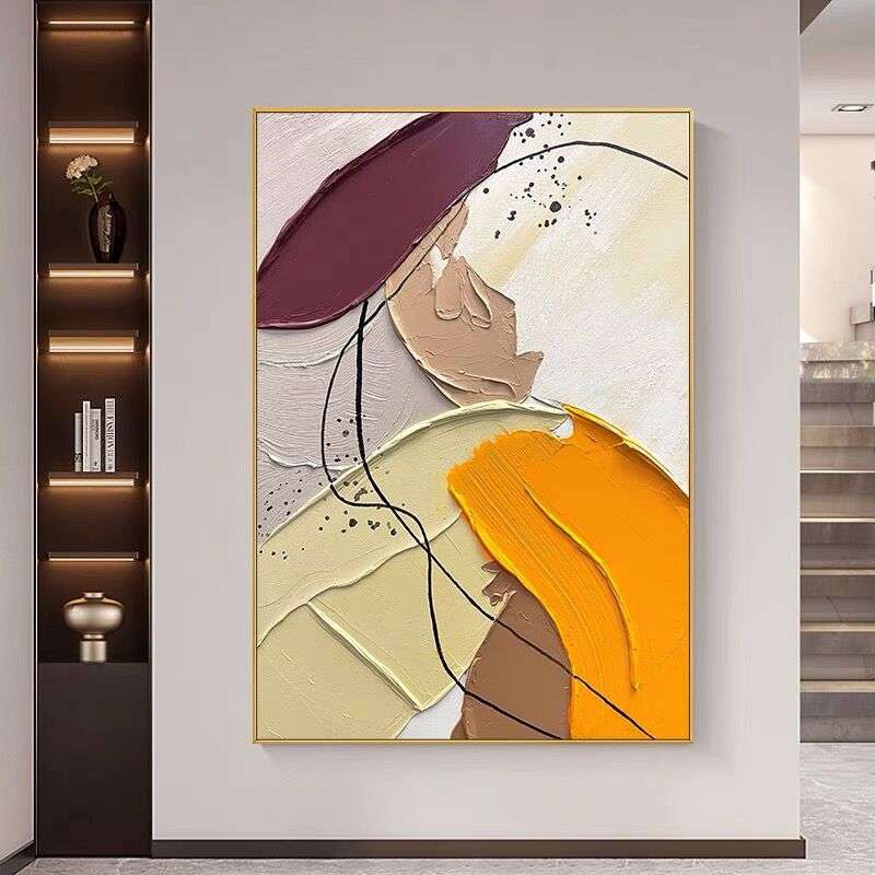 纯手绘高级彩色块装饰画现代简约客厅玄关落地挂画肌理抽象油画图片