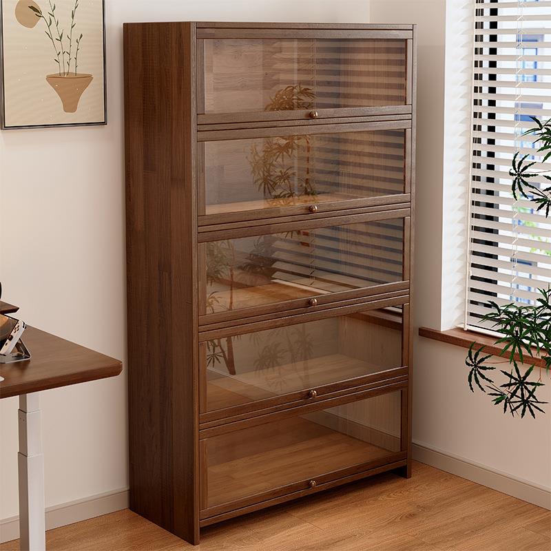 实木防尘书柜一体靠墙胡桃木色收纳柜子储物柜落地置物柜家用书架
