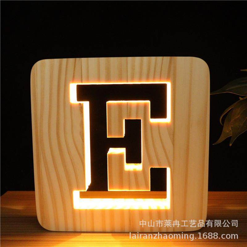 跨境电商供货创意实木镂空英文字母小夜灯木质文创摆件发光LED灯