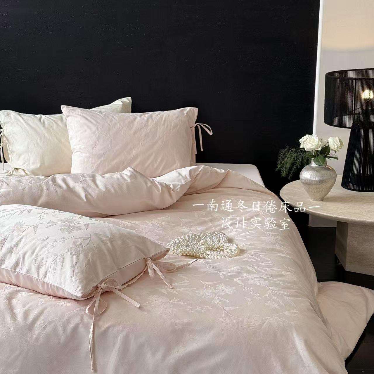 粉嫩少女系~100支提花长绒棉四件套 贡缎简约1.5m1.8被套全棉床品