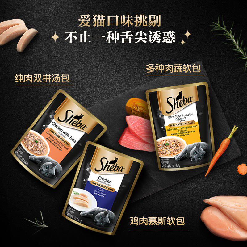 猫咪宠物零食鸡肉吞拿鱼南瓜胡萝卜口味浓汤软包罐头70g