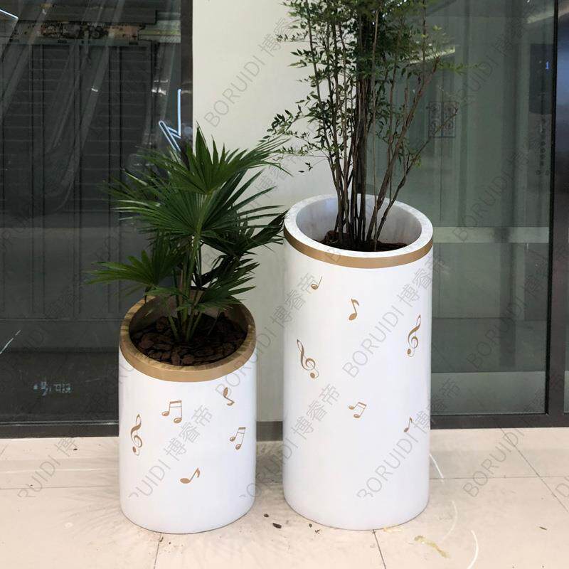 玻璃钢艺术花盆天虹商场音乐符号彩绘圆柱组合大花瓶户外创意花钵