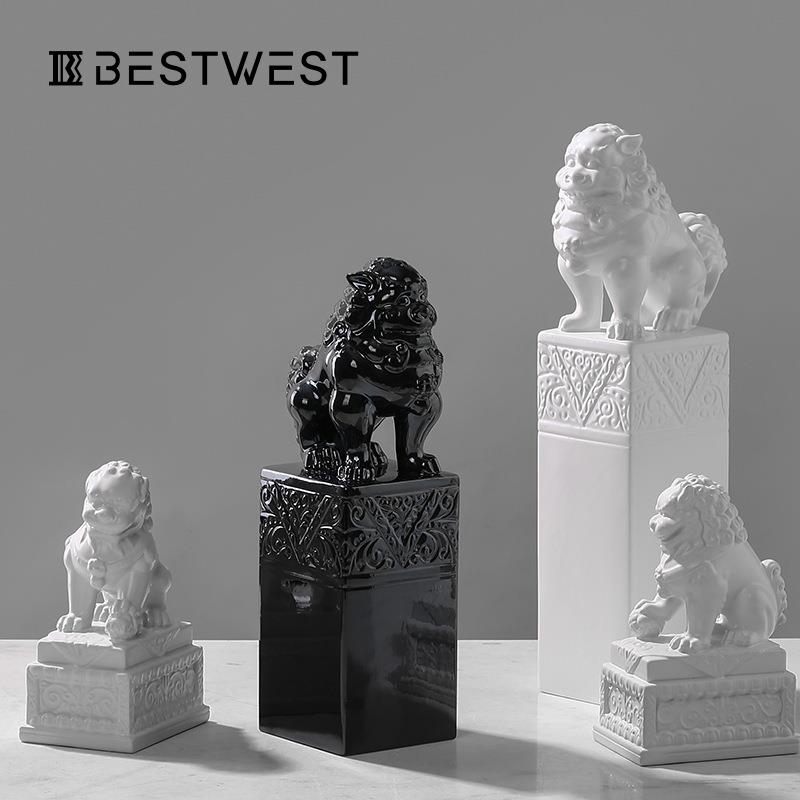Best west 黑白色陶瓷狮子镇纸镇尺摆件家居别墅客厅酒柜软装饰品