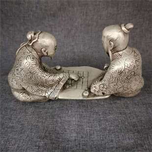 古玩铜器收藏白铜老人下棋摆件 古铜器 做工精湛 形制端正!