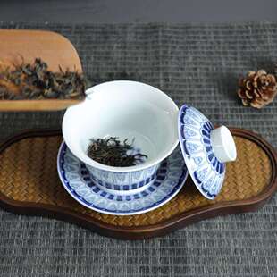 卷草纹如玉盖碗单个三才泡茶碗茶杯仿古青花陶瓷高档不烫手茶具