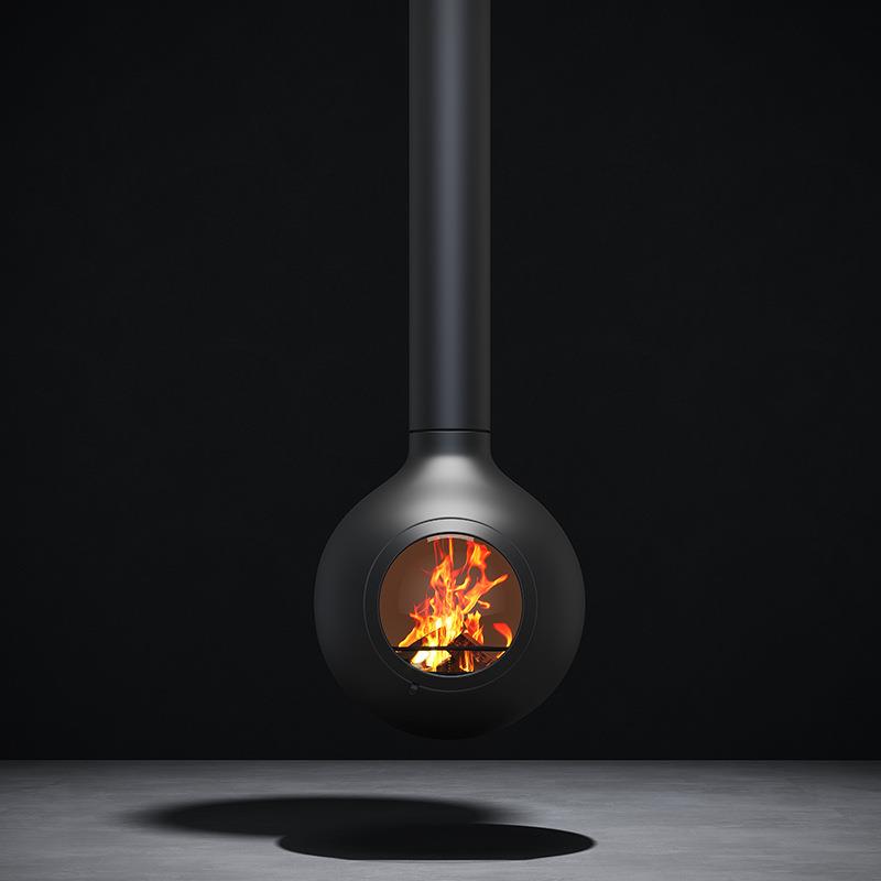 高端专属黑色圆形艺术壁炉悬挂式室内酒精取暖炉别墅真火壁炉家用