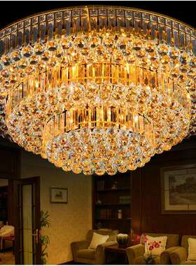 水晶灯客厅圆形led吸顶灯简约现代家用卧室灯金色餐厅大堂灯83171