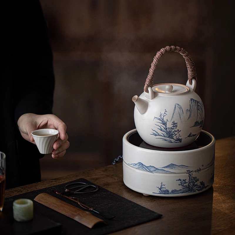 柴烧电陶炉煮茶器套装苏打釉手绘提梁陶壶煮茶壶泡茶炉茶具山水
