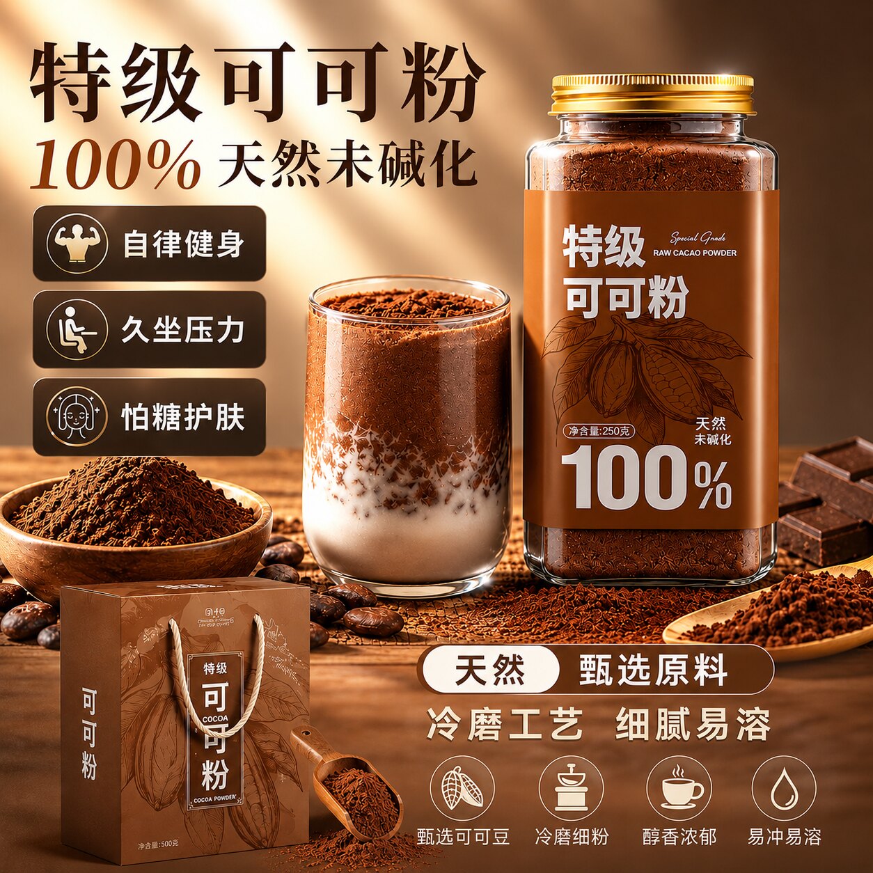 特级纯生可可粉未碱化官方天然代餐无糖精减0脂肥冲饮专用旗舰店
