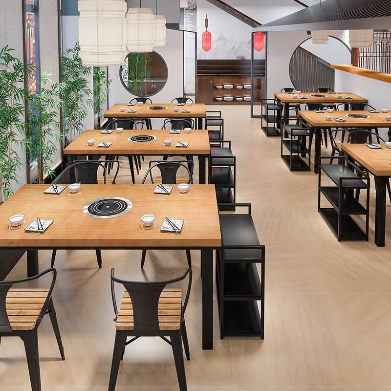 实木火锅店餐桌椅串串香烧烤店烤肉店电磁炉一体桌子商用桌椅组合