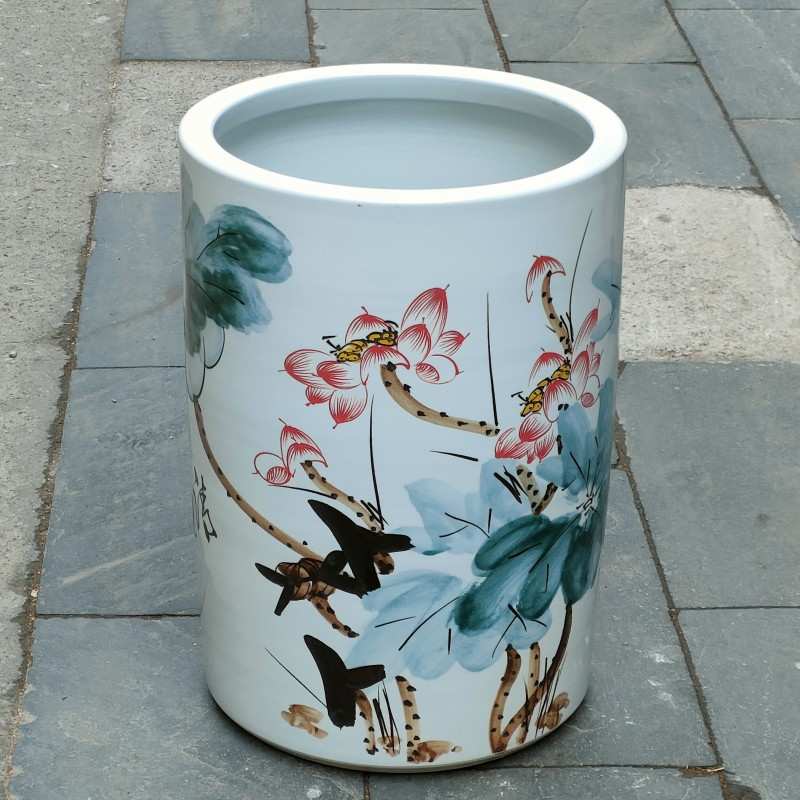 陶瓷书画筒雨伞缸手绘荷花卷轴字画缸家居书房装饰陶瓷摆件收藏品