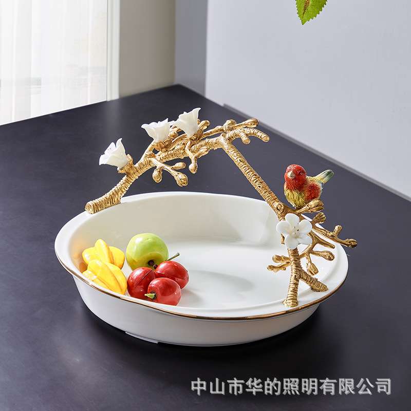 欧式陶瓷镶铜手工艺饰品果盘摆件法式客厅茶几餐厅创意工艺品摆件