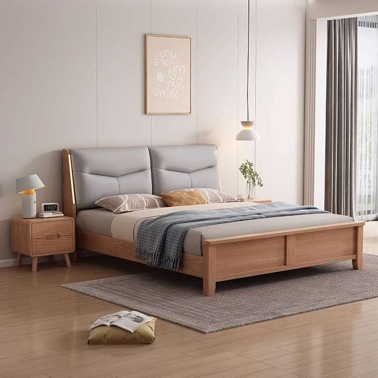 现代简约白蜡木实木床1.8米双人床1.5米夜灯软靠北欧卧室储物家具