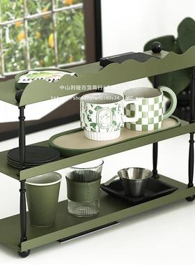 墨绿色置物架三层杯子收纳厨房铁艺杯架桌面复古杯子架中古收
