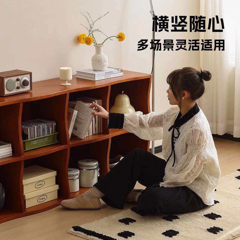 北欧简约家用落地书架书柜客厅杂志置物架复古储物柜实木书房书架