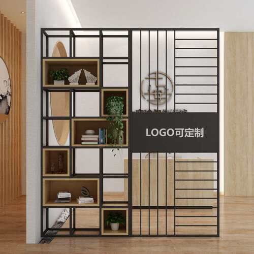 屏风隔断置物架实木书架现代办公室装饰玄关铁艺花架展示架形象墙